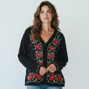 Vintage Christmas Beaded Black Cardigan with Red Floral Embroidery